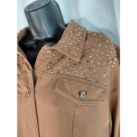 Brown Rhinestone Studded Button-Up Jacket With Chest Pockets & Collar - Picture 3 of 11